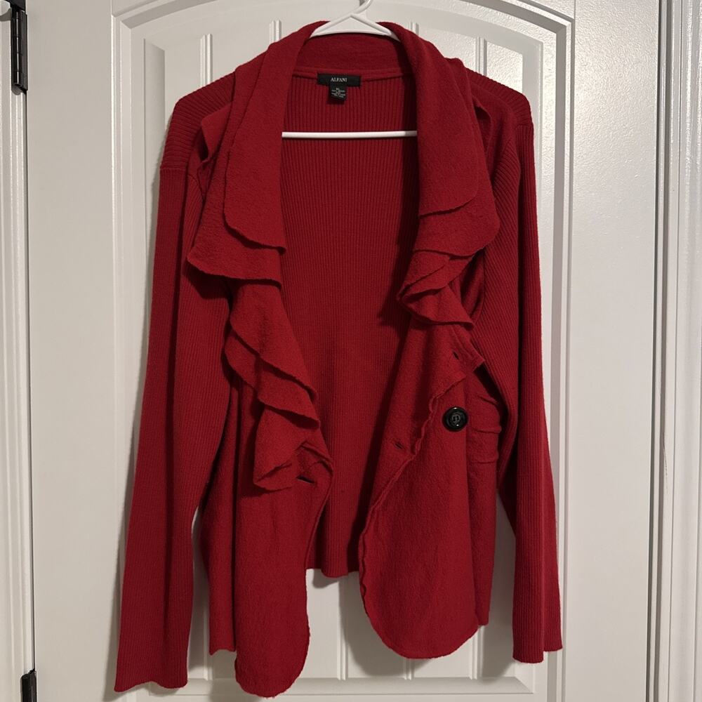 Alfani Cardigan Womens XL Red Merino Wool Button Up Ruffled Jacket